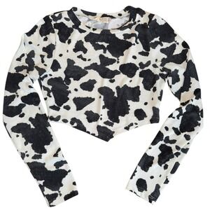 Womens Cow Print Long Sleeve Crop Top Mesh Sheer‎